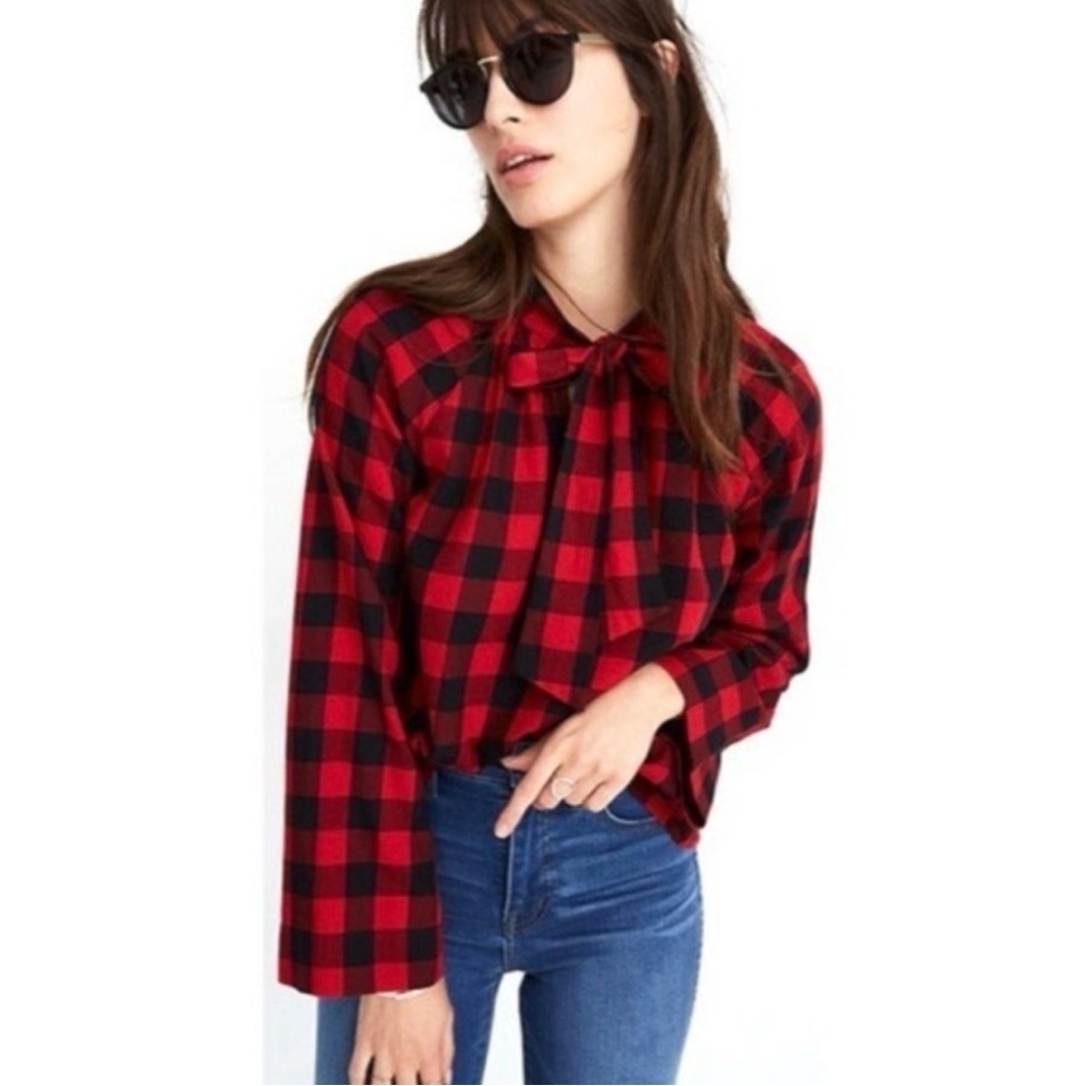 Madewell Tie Neck Popover Top Buffalo Check Red Black Plaid Size Small
